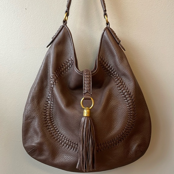 Lauren Ralph Lauren Chocolate Brown Whipstitch Tassel Leather Hobo Shoulder Bag - Picture 1 of 9